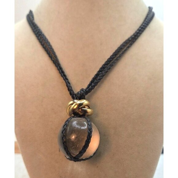 Handmade Black Braided Cord Necklace With Glass Pendant & Gold Accent Knot Detai - Picture 4 of 4